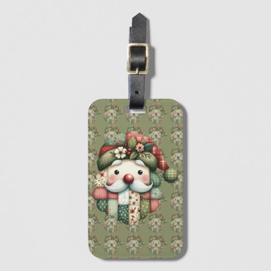 Whimsical Patchwork Santa Folk Christmas ラゲッジタグ (正面縦)