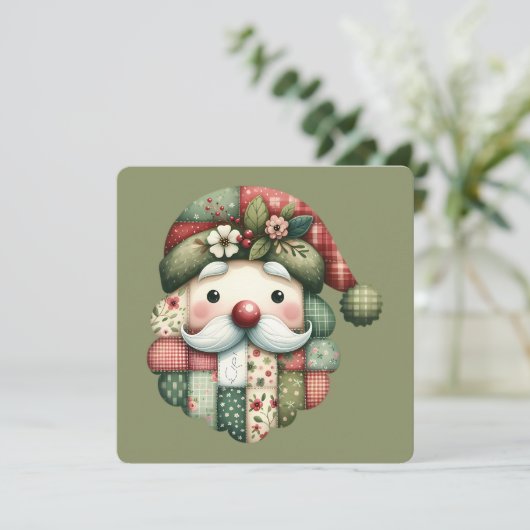Whimsical Patchwork Santa Folk Christmas Flat Card (スタンド正面)