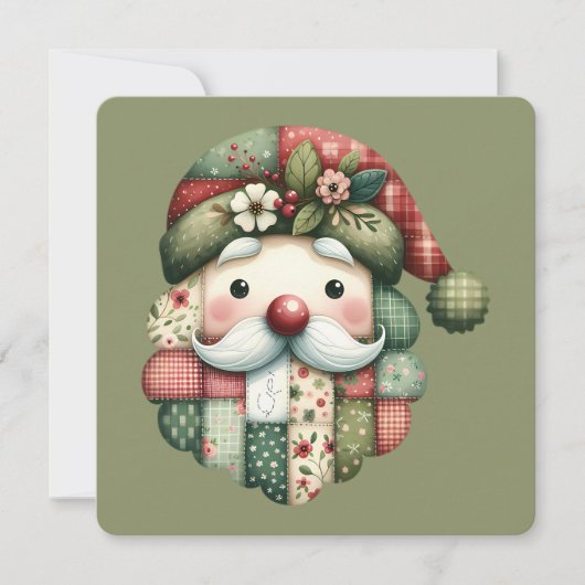 Whimsical Patchwork Santa Folk Christmas Flat Card (正面)