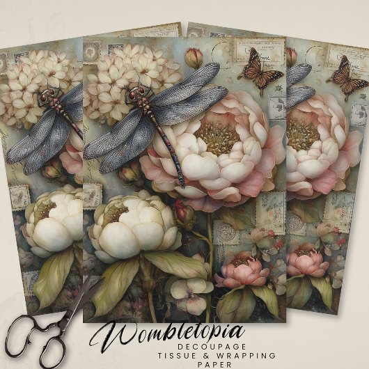 Whimsical Peony & Dragonfly Ephemera Decoupage 薄葉紙