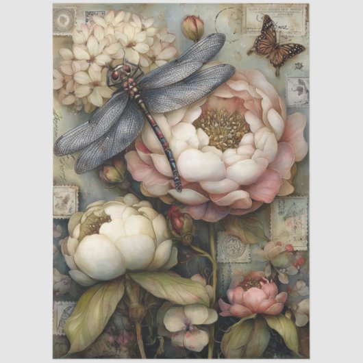 Whimsical Peony & Dragonfly Ephemera Decoupage  薄葉紙 (正面)