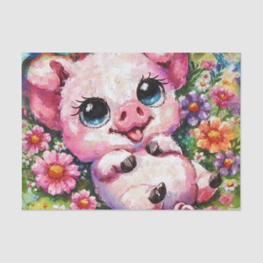 Whimsical Pig Piglet Flowers Decoupage 薄葉紙 (正面)