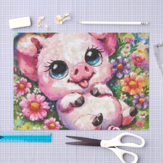 Whimsical Pig Piglet Flowers Decoupage 薄葉紙 (クラフト)