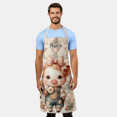 Whimsical Piglet in Pastel Overalls Peach エプロン (着用した状態)