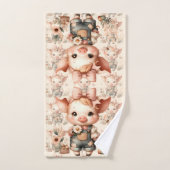 Whimsical Piglet in Pastel Overalls Peach バスタオルセット (ハンドタオル)