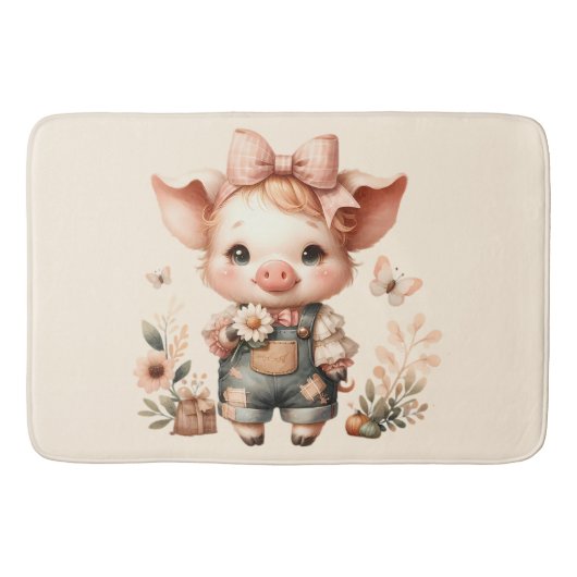 Whimsical Piglet in Pastel Overalls Peach バスマット (正面)
