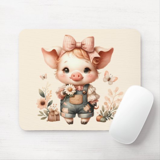 Whimsical Piglet in Pastel Overalls Peach マウスパッド (マウス)