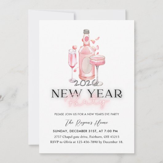 Whimsical Pink 2026 New Year Party 招待状 (正面)