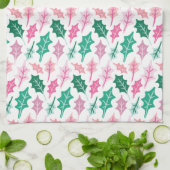 Whimsical Pink and Green Christmas Holly Leaves キッチンタオル (折り畳み)