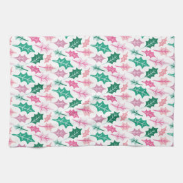 Whimsical Pink and Green Christmas Holly Leaves キッチンタオル