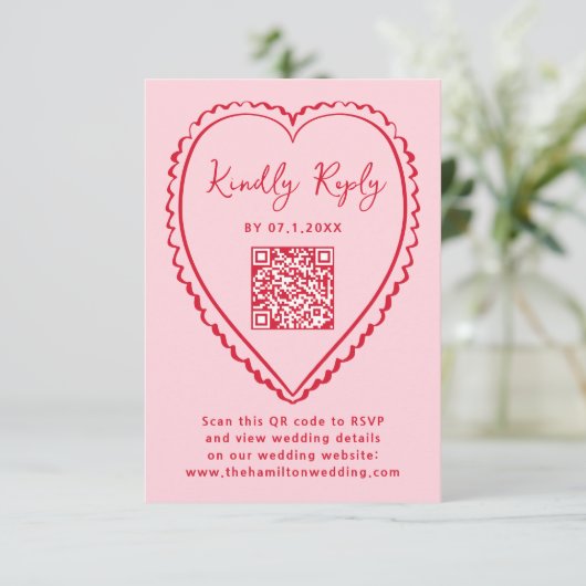 Whimsical Pink and Red Heart QR Code Wedding 出欠カード (スタンド正面)