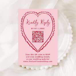 Whimsical Pink and Red Heart QR Code Wedding 出欠カード