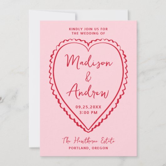 Whimsical Pink and Red Heart Wedding 招待状 (正面)