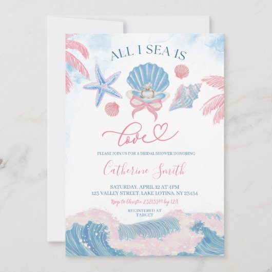 Whimsical Pink Blue All I Sea is Love Bridal showe 招待状 (正面)