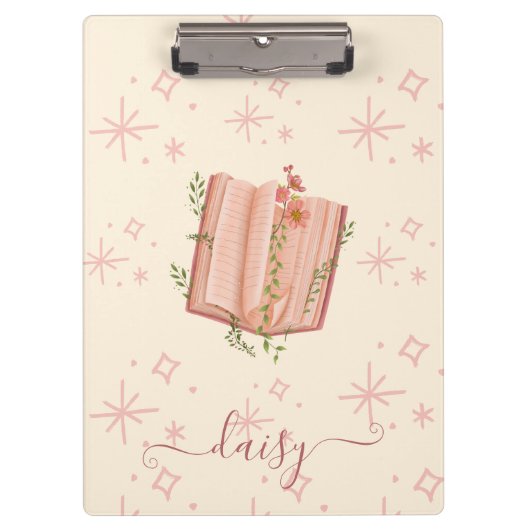 Whimsical Pink Book & Stars Personalized クリップボード (正面)