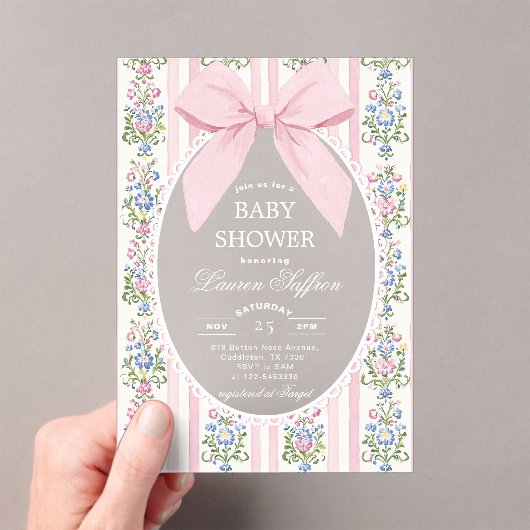 Whimsical Pink Bow Floral Baby Shower アクリル招待状 (インサイチュ (ポータブル))
