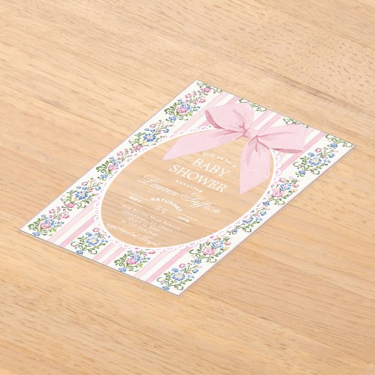 Whimsical Pink Bow Floral Baby Shower アクリル招待状 (レイダウン)
