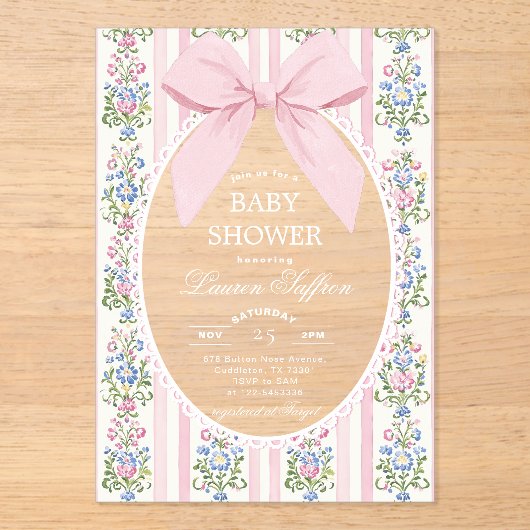 Whimsical Pink Bow Floral Baby Shower アクリル招待状 (正面)