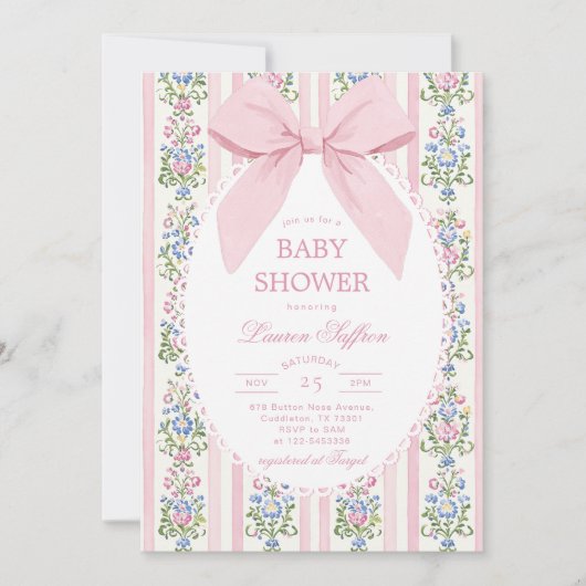 Whimsical Pink Bow Floral Baby Shower 招待状 (正面)