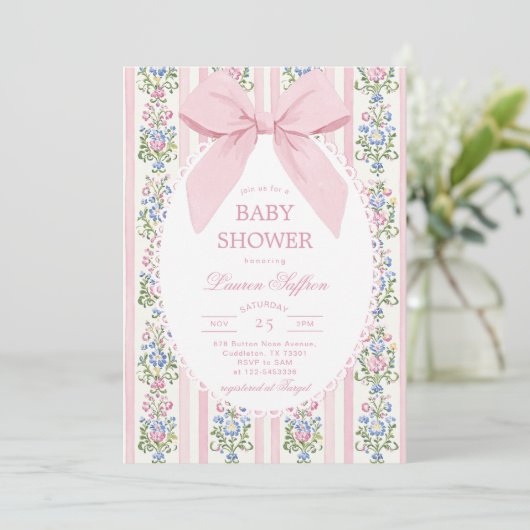 Whimsical Pink Bow Floral Baby Shower 招待状 (スタンド正面)