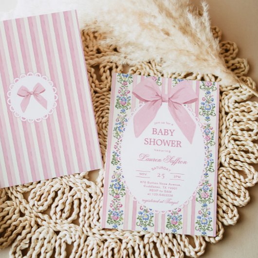 Whimsical Pink Bow Floral Baby Shower 招待状