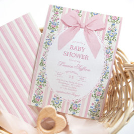 Whimsical Pink Bow Floral Baby Shower 招待状