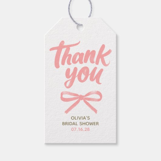 Whimsical Pink Bow Handwritten Bridal Thank You ギフトタグ (正面)