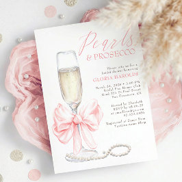 Whimsical Pink Bow Pearls & Prosecco Bridal Shower 招待状
