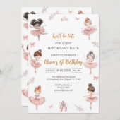 Whimsical Pink Brown Bows Ballerina Birthday 招待状 (正面/裏面)