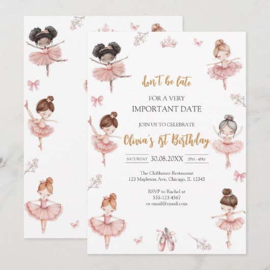 Whimsical Pink Brown Bows Ballerina Birthday 招待状 (正面/裏面)