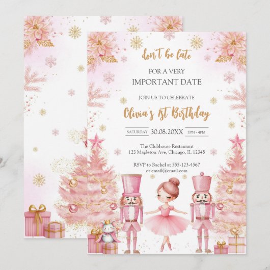 Whimsical Pink Brown Bows Ballerina Birthday 招待状 (正面/裏面)