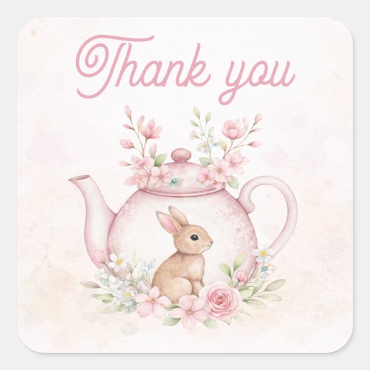 Whimsical Pink Bunny Teapot Floral Thank you スクエアシール (正面)