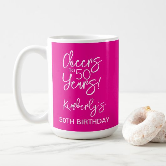 Whimsical Pink Cheers to 50 Years Birthday Classic コーヒーマグカップ (ドーナツ)