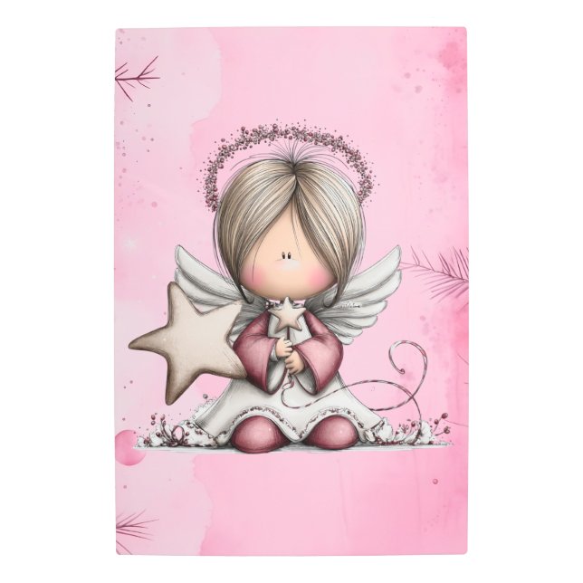 Whimsical Pink Christmas Angel メタルプリント (正面)