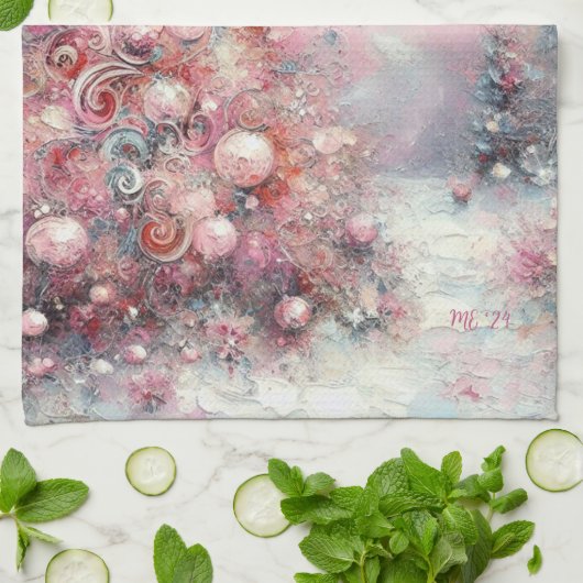 Whimsical Pink Christmas Tree Personalized キッチンタオル (折り畳み)