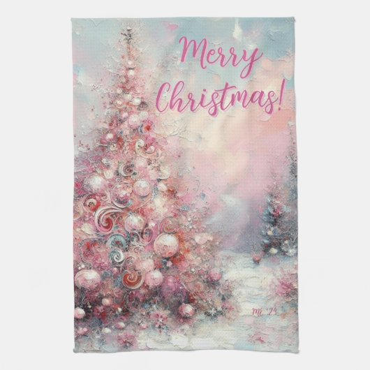 Whimsical Pink Christmas Tree Personalized キッチンタオル (縦)