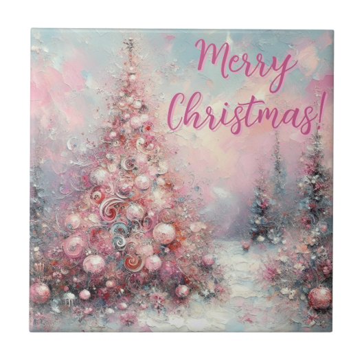 Whimsical Pink Christmas Tree Personalized タイル (正面)