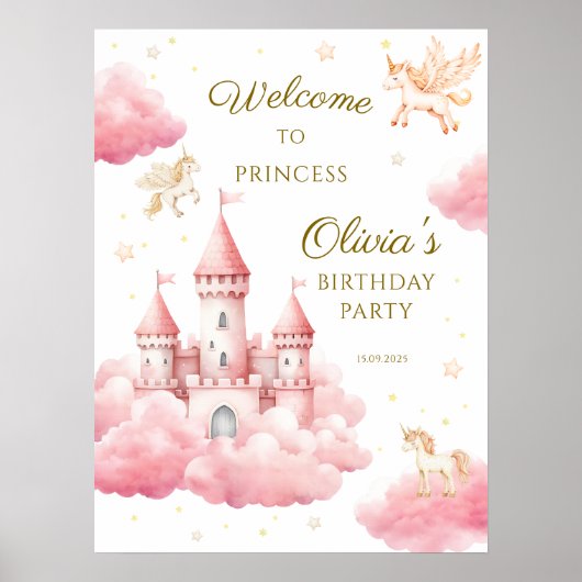 Whimsical Pink Cloud Princess Birthday Welcome ポスター (正面)