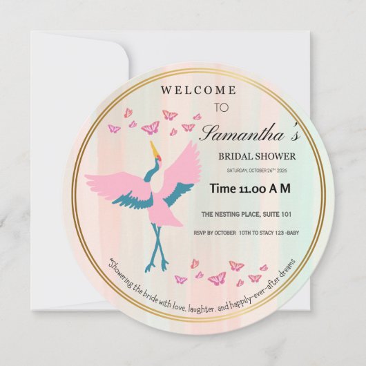 Whimsical Pink Crane Bridal Shower Invitation | Co 招待状 (正面)