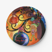 Whimsical Pink Elf & Christmas Tree Baby Shower  ペーパープレート (正面)