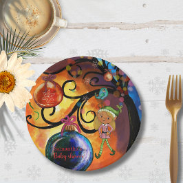 Whimsical Pink Elf & Christmas Tree Baby Shower ペーパープレート