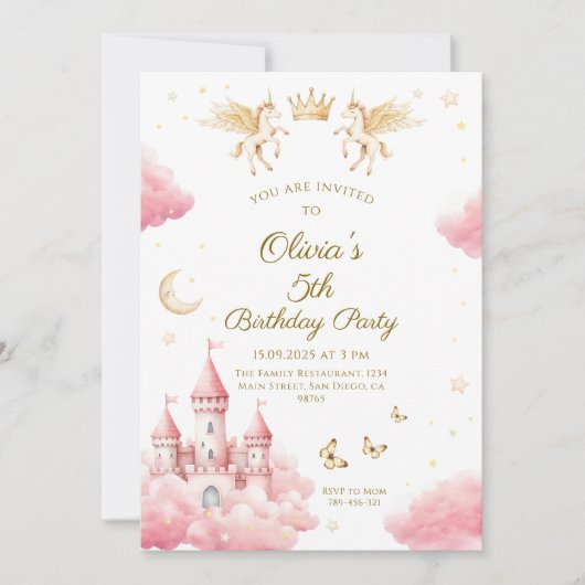 Whimsical Pink Fairy Tale Castle Birthday 招待状 (正面)