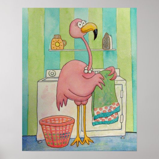Whimsical Pink Flamingo Does Laundry Cute ポスター (正面)