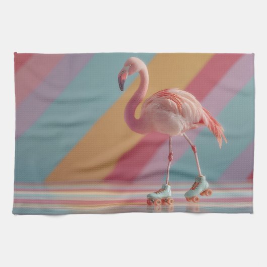 Whimsical Pink Flamingo on Roller Skates キッチンタオル (横)