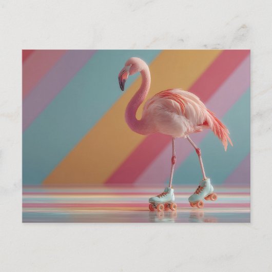 Whimsical Pink Flamingo on Roller Skates ポストカード (正面)