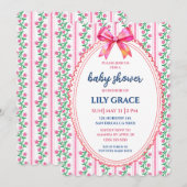 Whimsical Pink Floral & Bow Baby Shower Invitation 招待状 (正面/裏面)