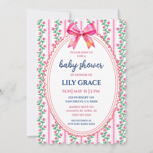 Whimsical Pink Floral & Bow Baby Shower Invitation 招待状 (正面)