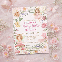 Whimsical Pink Floral Fairy First Garden Birthday  招待状