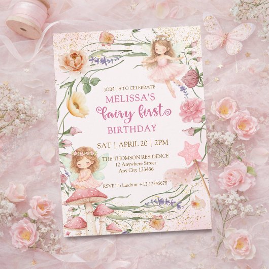 Whimsical Pink Floral Fairy First Garden Birthday  招待状