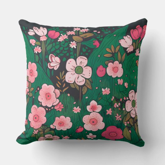 Whimsical Pink Floral Garden Throw Pillow クッション (正面)